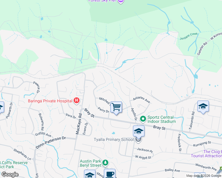 map of restaurants, bars, coffee shops, grocery stores, and more near 19 O'Neill Street in Coffs Harbour