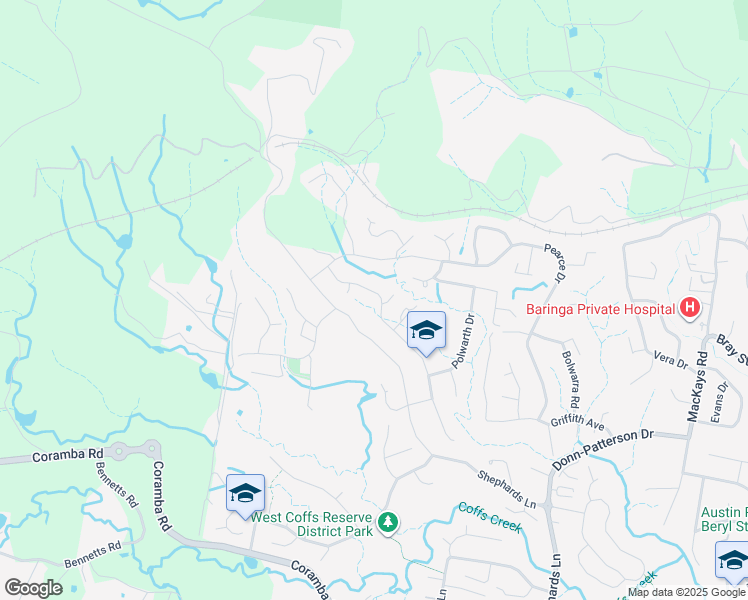 map of restaurants, bars, coffee shops, grocery stores, and more near 73 Coriedale Drive in Coffs Harbour