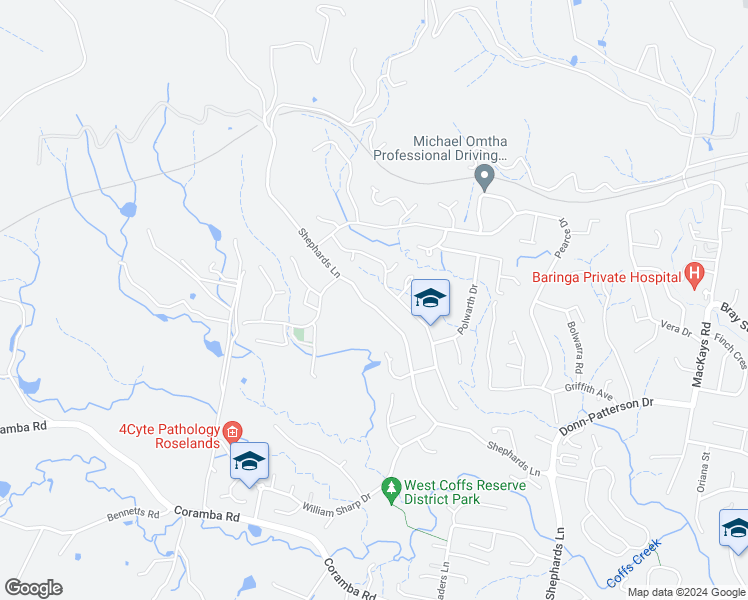 map of restaurants, bars, coffee shops, grocery stores, and more near 166 Shephards Lane in Coffs Harbour
