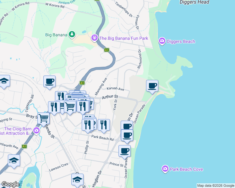 map of restaurants, bars, coffee shops, grocery stores, and more near 49 Arthur Street in Coffs Harbour