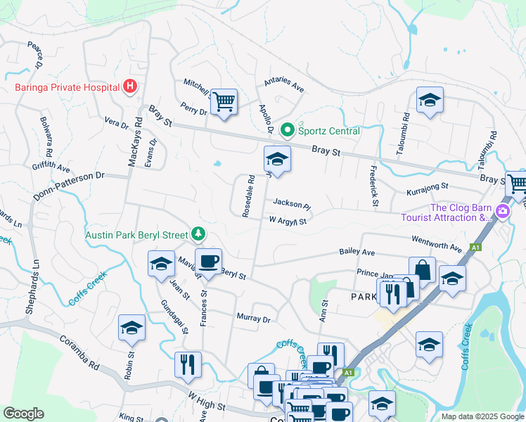 map of restaurants, bars, coffee shops, grocery stores, and more near Joyce Street in Coffs Harbour