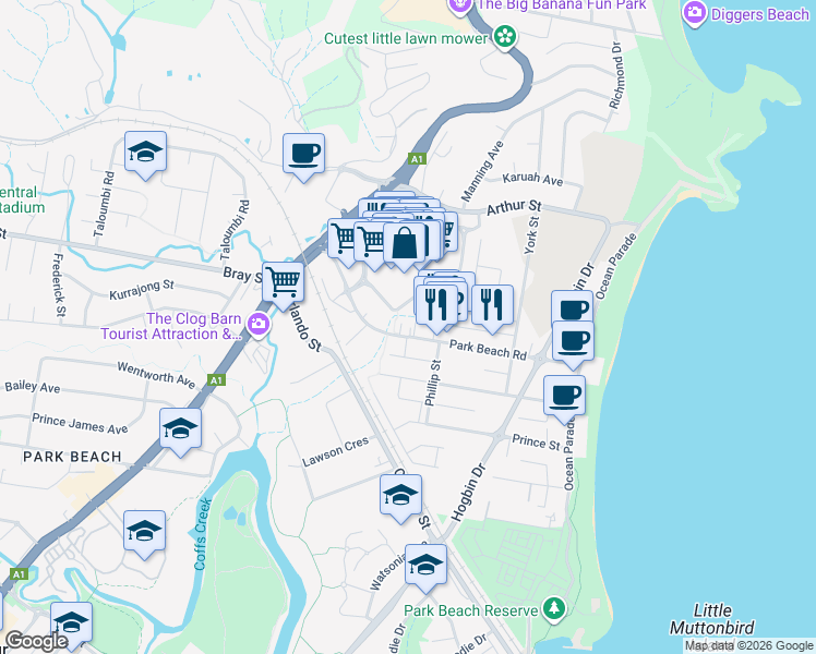 map of restaurants, bars, coffee shops, grocery stores, and more near 61 Park Beach Road in Coffs Harbour