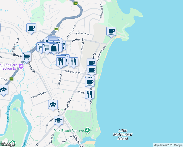 map of restaurants, bars, coffee shops, grocery stores, and more near 87 Ocean Parade in Coffs Harbour