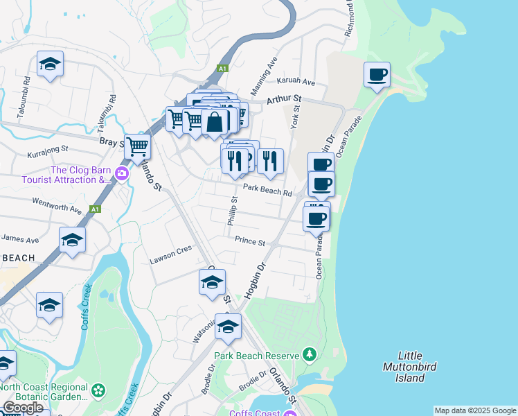 map of restaurants, bars, coffee shops, grocery stores, and more near 34 Boultwood Street in Coffs Harbour