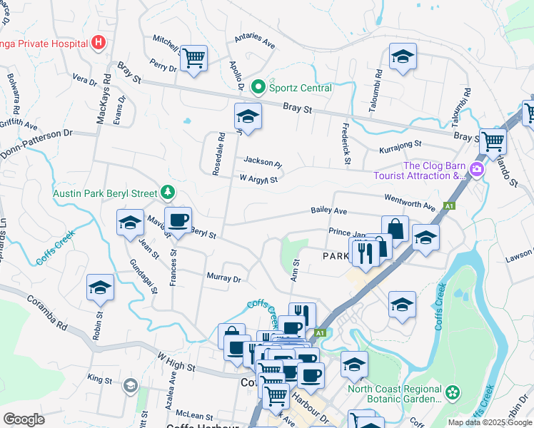 map of restaurants, bars, coffee shops, grocery stores, and more near 92 Bailey Avenue in Coffs Harbour
