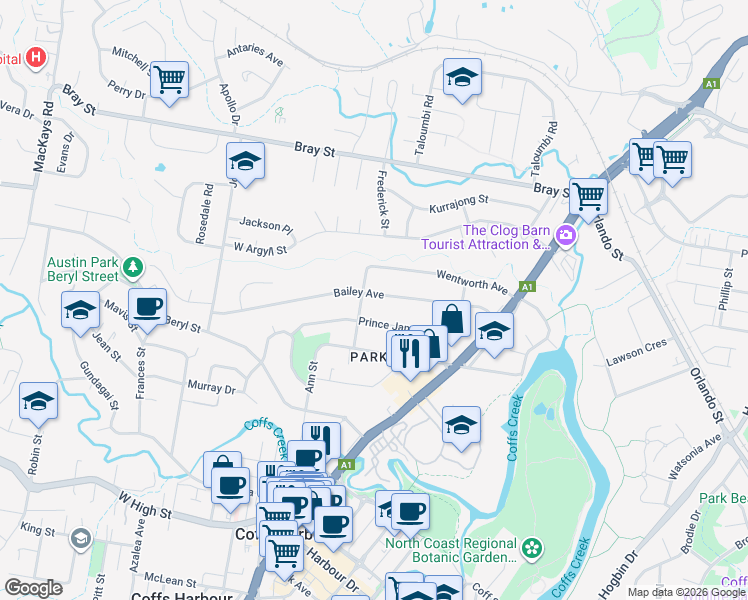 map of restaurants, bars, coffee shops, grocery stores, and more near 55 Bailey Avenue in Coffs Harbour