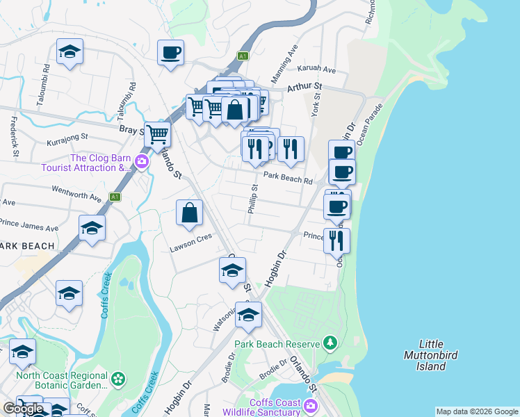 map of restaurants, bars, coffee shops, grocery stores, and more near 49 Boultwood Street in Coffs Harbour