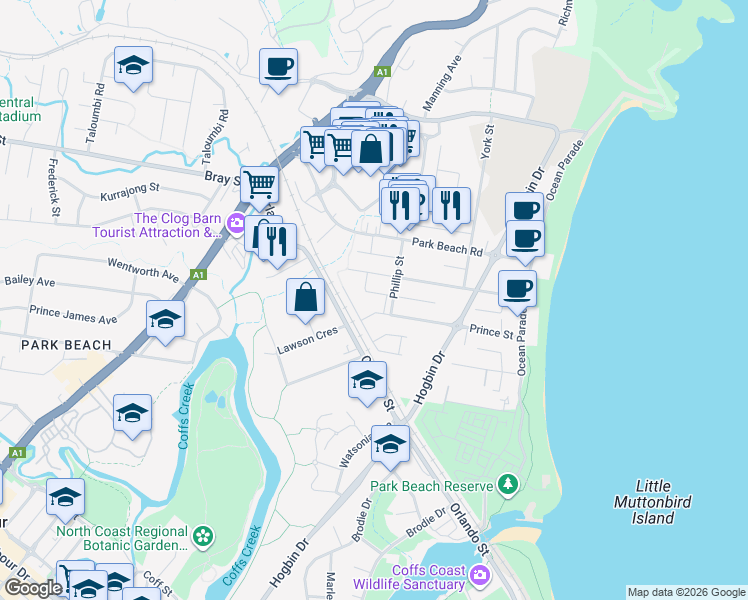 map of restaurants, bars, coffee shops, grocery stores, and more near 64 Prince Street in Coffs Harbour