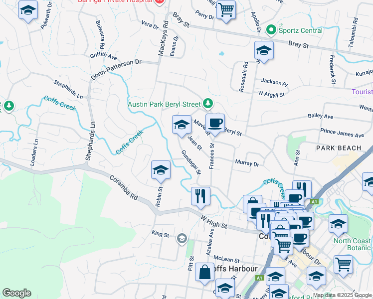 map of restaurants, bars, coffee shops, grocery stores, and more near 63A Gundagai Street in Coffs Harbour
