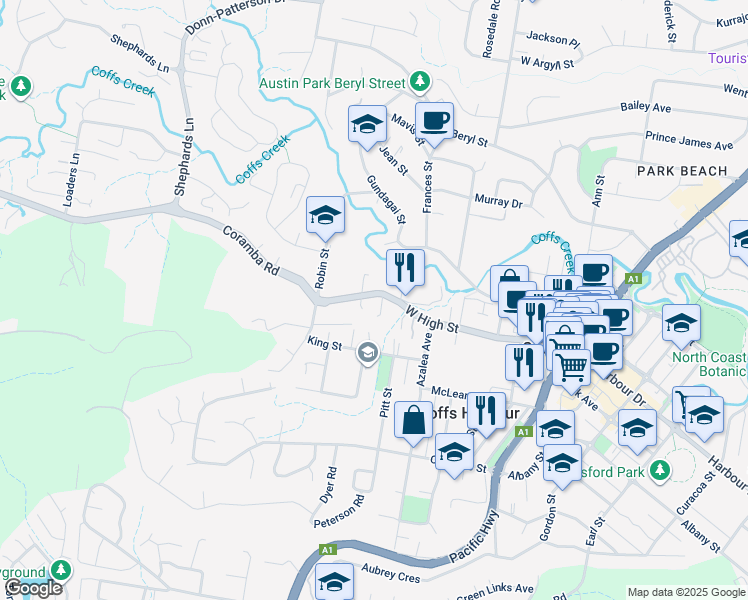 map of restaurants, bars, coffee shops, grocery stores, and more near 58 West High Street in Coffs Harbour
