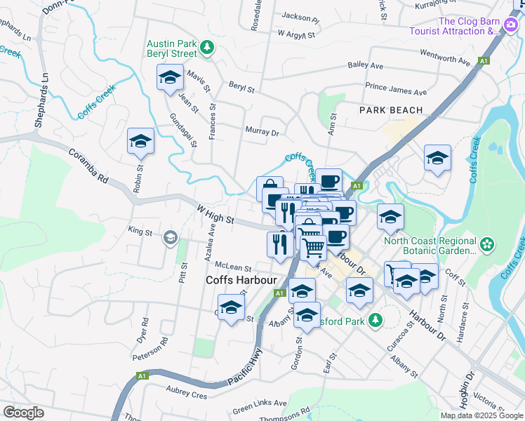 map of restaurants, bars, coffee shops, grocery stores, and more near 8 Murdock Street in Coffs Harbour