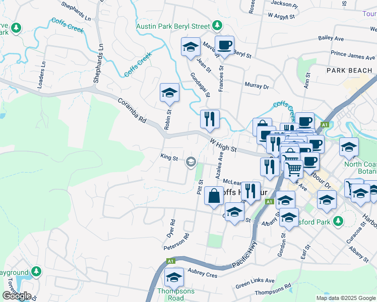 map of restaurants, bars, coffee shops, grocery stores, and more near 7 West Side Close in Coffs Harbour