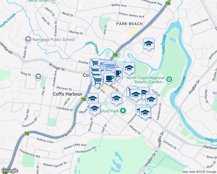 map of restaurants, bars, coffee shops, grocery stores, and more near 98 Harbour Drive in Coffs Harbour