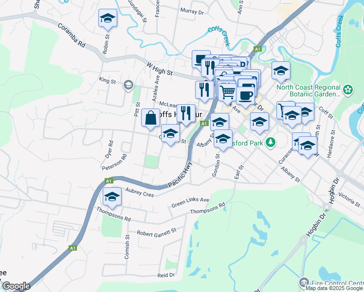 map of restaurants, bars, coffee shops, grocery stores, and more near 34 Elizabeth Street in Coffs Harbour