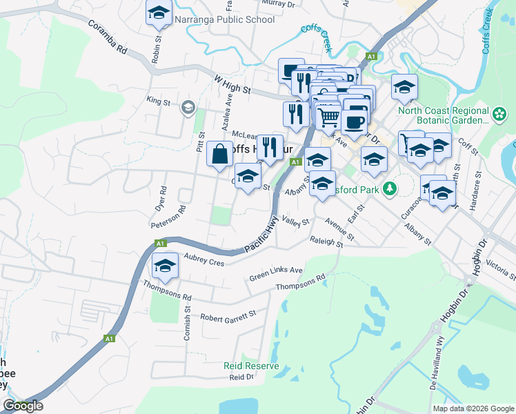 map of restaurants, bars, coffee shops, grocery stores, and more near 2 Toormina Place in Coffs Harbour