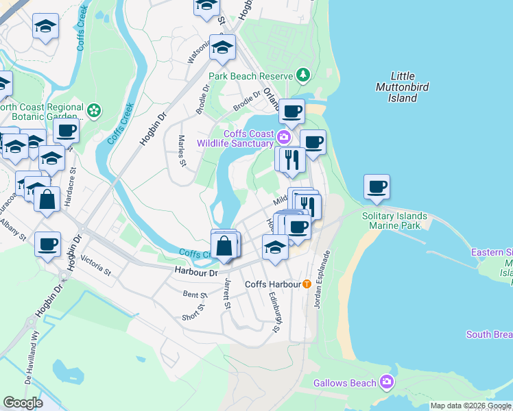 map of restaurants, bars, coffee shops, grocery stores, and more near 59 Mildura Street in Coffs Harbour