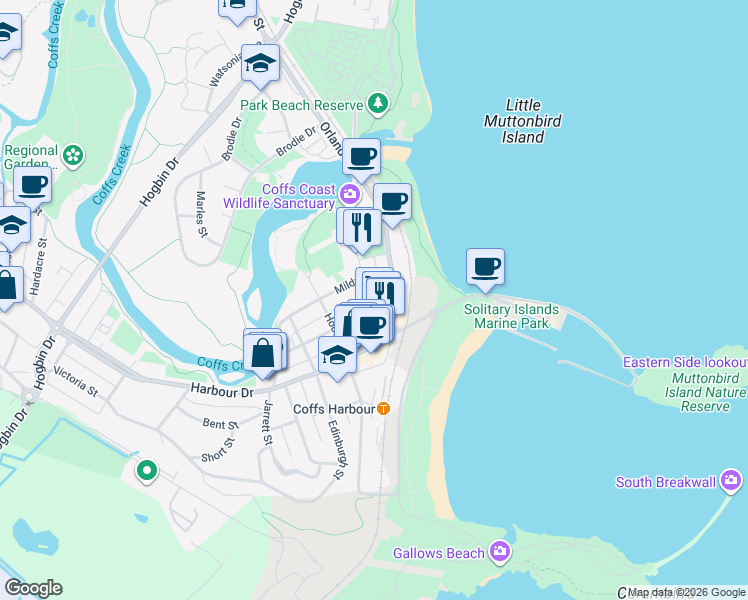 map of restaurants, bars, coffee shops, grocery stores, and more near 14 Edgar Street in Coffs Harbour