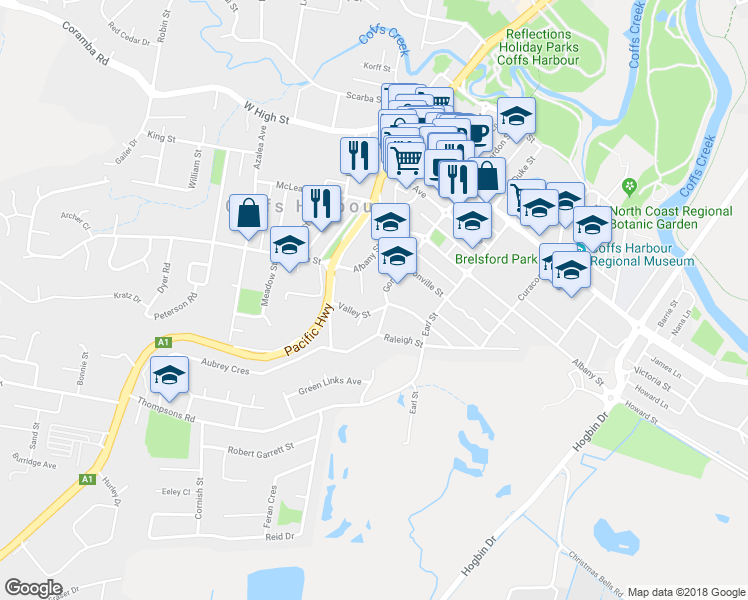 map of restaurants, bars, coffee shops, grocery stores, and more near 3A Gordon Street in Coffs Harbour