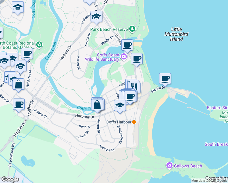 map of restaurants, bars, coffee shops, grocery stores, and more near 73 Hood Street in Coffs Harbour