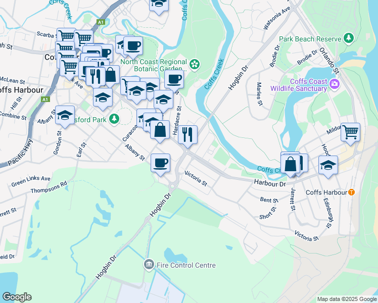 map of restaurants, bars, coffee shops, grocery stores, and more near Harbour Drive in Coffs Harbour