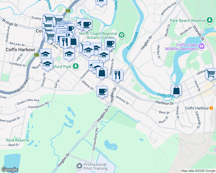 map of restaurants, bars, coffee shops, grocery stores, and more near 15 Victoria Street in Coffs Harbour