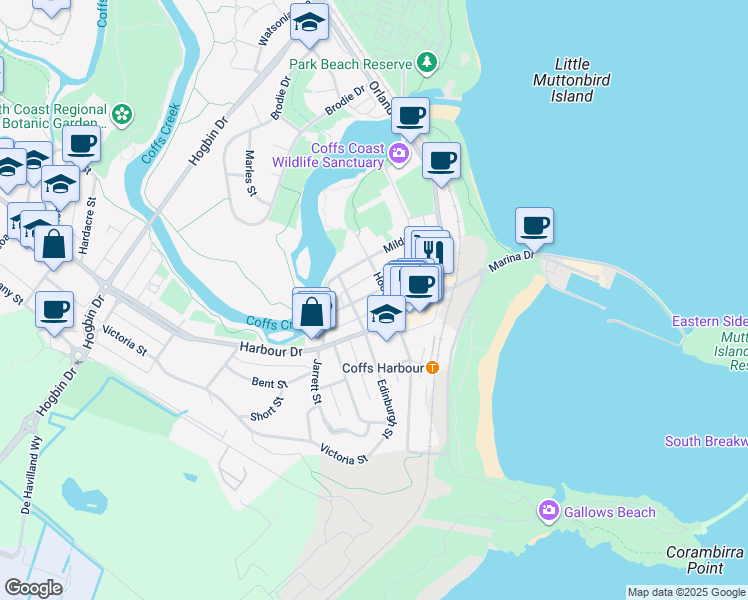 map of restaurants, bars, coffee shops, grocery stores, and more near 26 Collingwood Street in Coffs Harbour