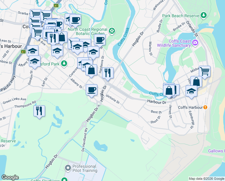 map of restaurants, bars, coffee shops, grocery stores, and more near 254 Harbour Drive in Coffs Harbour
