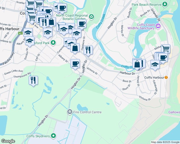 map of restaurants, bars, coffee shops, grocery stores, and more near 32 Victoria Street in Coffs Harbour