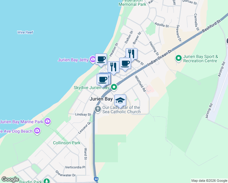 map of restaurants, bars, coffee shops, grocery stores, and more near 65 Bashford Street in Jurien Bay