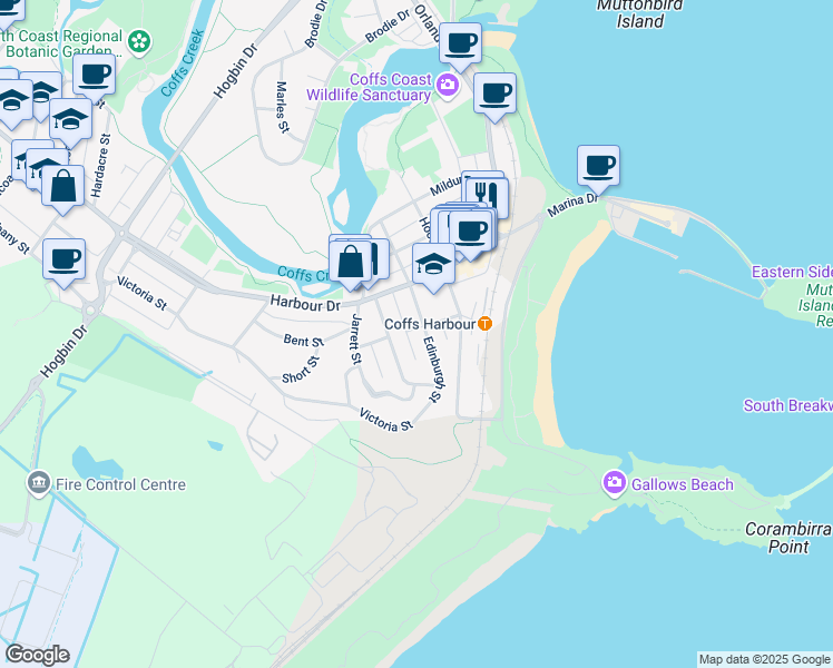 map of restaurants, bars, coffee shops, grocery stores, and more near 171 Edinburgh Street in Coffs Harbour