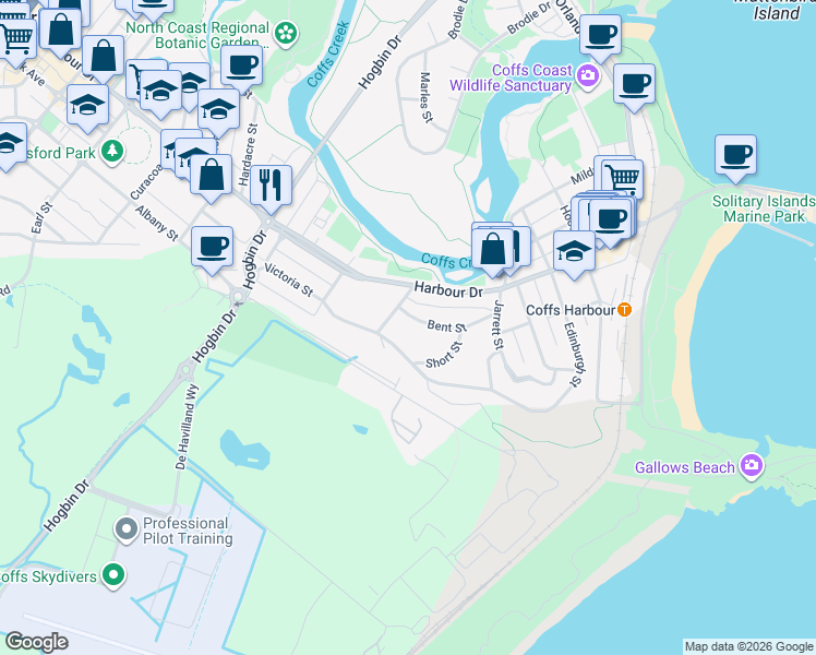 map of restaurants, bars, coffee shops, grocery stores, and more near 25 Bent Street in Coffs Harbour