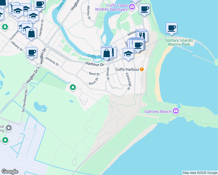 map of restaurants, bars, coffee shops, grocery stores, and more near 4 Solitary Street in Coffs Harbour