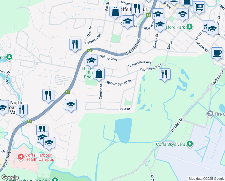 map of restaurants, bars, coffee shops, grocery stores, and more near 7A Louden Close in Coffs Harbour