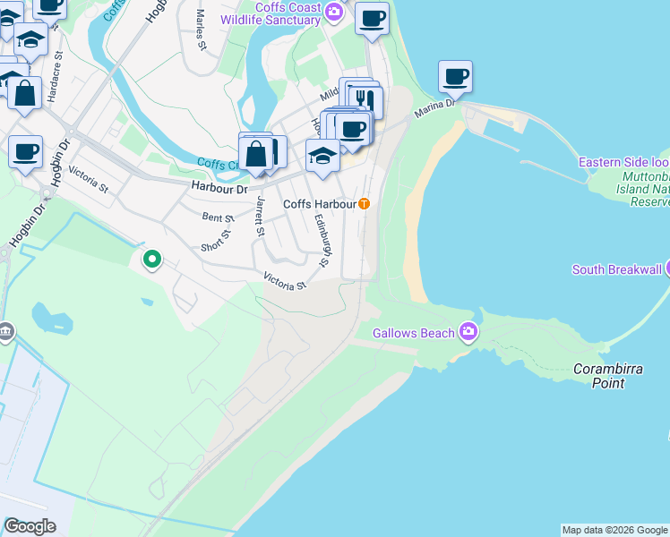 map of restaurants, bars, coffee shops, grocery stores, and more near 146 Edinburgh Street in Coffs Harbour