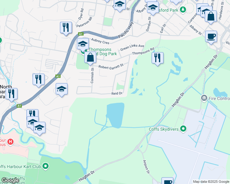 map of restaurants, bars, coffee shops, grocery stores, and more near 40 Reid Drive in Coffs Harbour