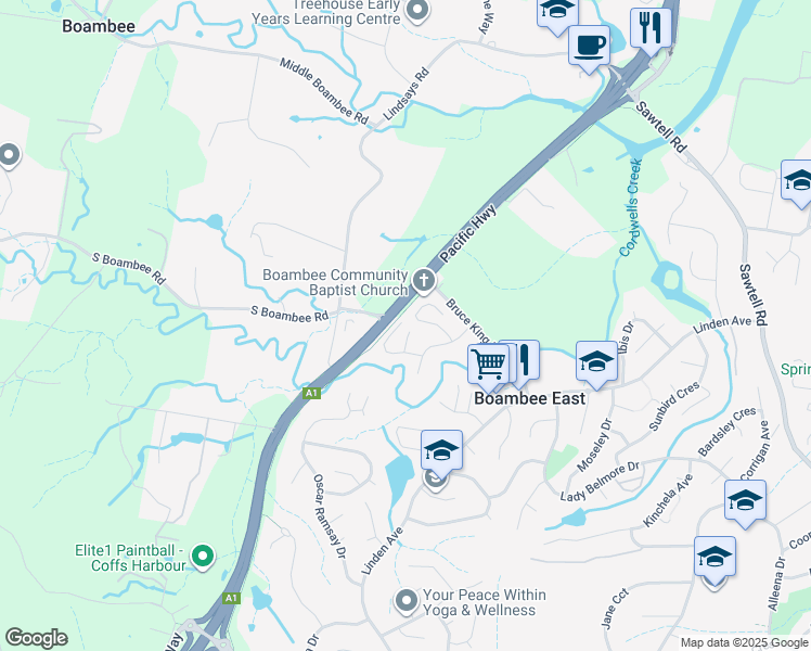 map of restaurants, bars, coffee shops, grocery stores, and more near 15 Noreena Place in Boambee East