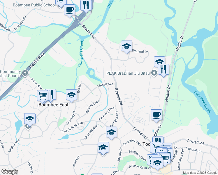 map of restaurants, bars, coffee shops, grocery stores, and more near 259 Linden Avenue in Toormina