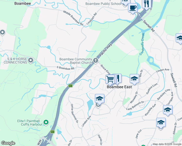 map of restaurants, bars, coffee shops, grocery stores, and more near 9 Noreena Place in Boambee East