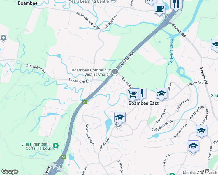 map of restaurants, bars, coffee shops, grocery stores, and more near 7 Noreena Place in Boambee East