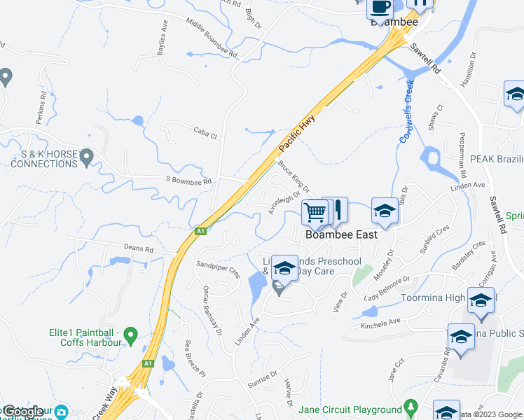map of restaurants, bars, coffee shops, grocery stores, and more near 3 Meadow View Close in Boambee East
