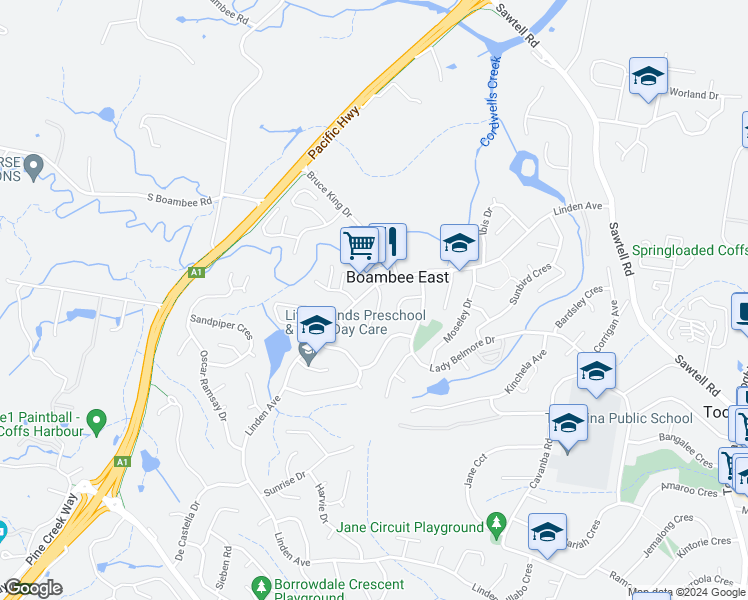 map of restaurants, bars, coffee shops, grocery stores, and more near 1 Silvereye Close in Boambee East