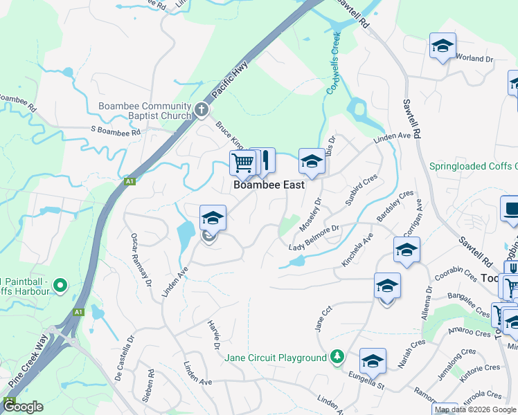 map of restaurants, bars, coffee shops, grocery stores, and more near 10 Silvereye Close in Boambee East