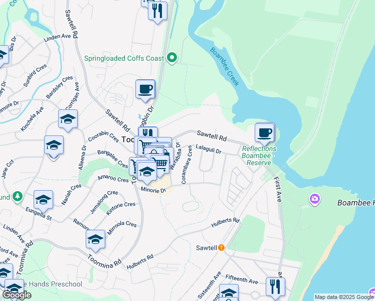 map of restaurants, bars, coffee shops, grocery stores, and more near 31 Lalaguli Drive in Toormina