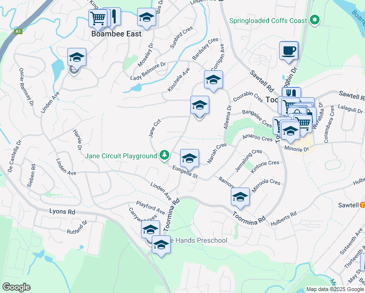 map of restaurants, bars, coffee shops, grocery stores, and more near 5 Jeffress Place in Toormina