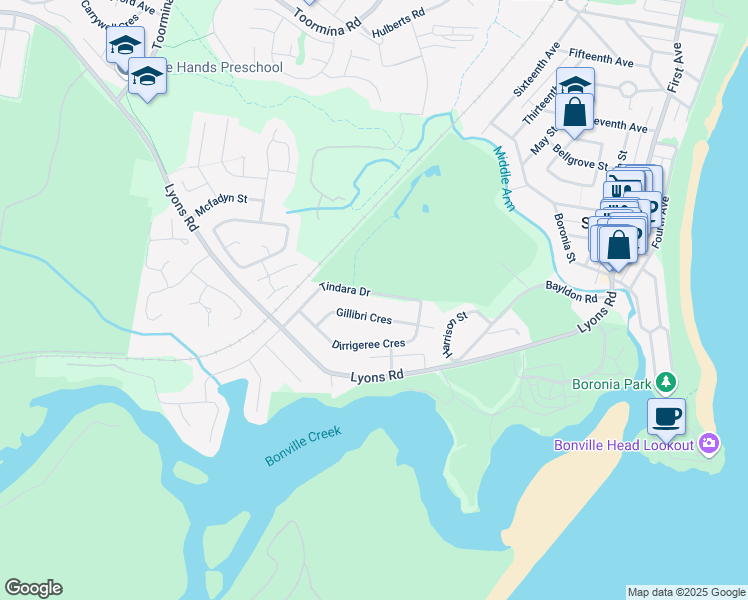 map of restaurants, bars, coffee shops, grocery stores, and more near 44 Tindara Drive in Sawtell