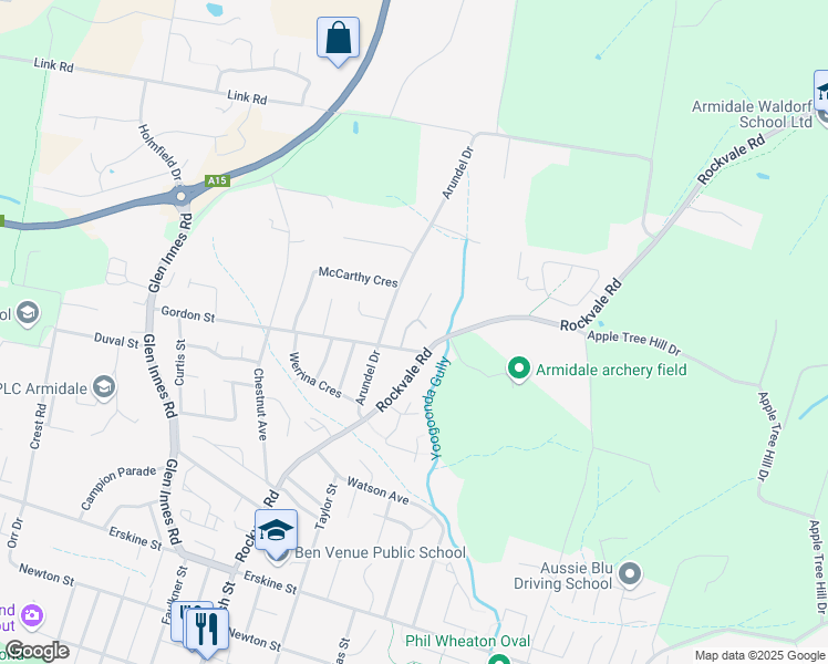 map of restaurants, bars, coffee shops, grocery stores, and more near 5 Schaefer Drive in Armidale