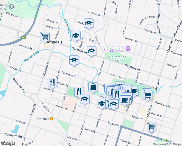 map of restaurants, bars, coffee shops, grocery stores, and more near 191-203 Dumaresq Street in Armidale