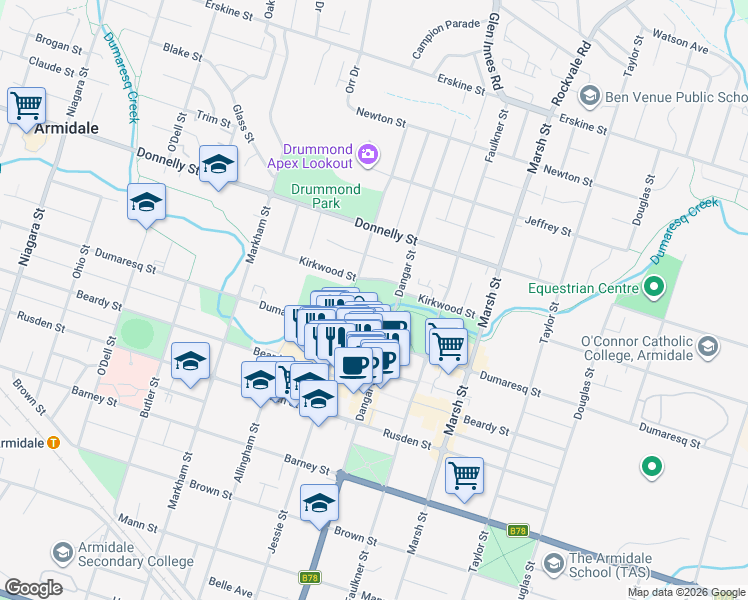 map of restaurants, bars, coffee shops, grocery stores, and more near 144-150 Kirkwood Street in Armidale