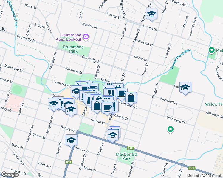 map of restaurants, bars, coffee shops, grocery stores, and more near 75 Faulkner Street in Armidale