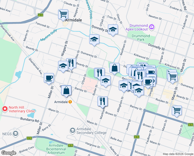 map of restaurants, bars, coffee shops, grocery stores, and more near 108 Butler Street in Armidale